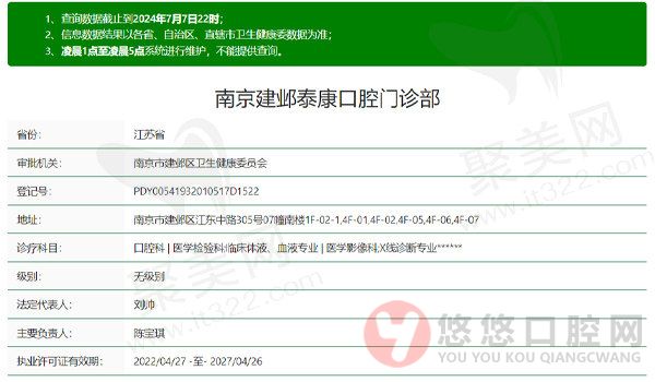 南京建邺泰康口腔门诊部资质表