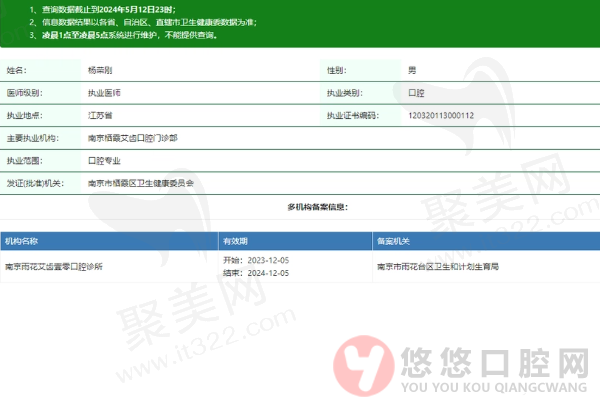 南京雨花艾齿壹零口腔诊所杨荣刚医生资质